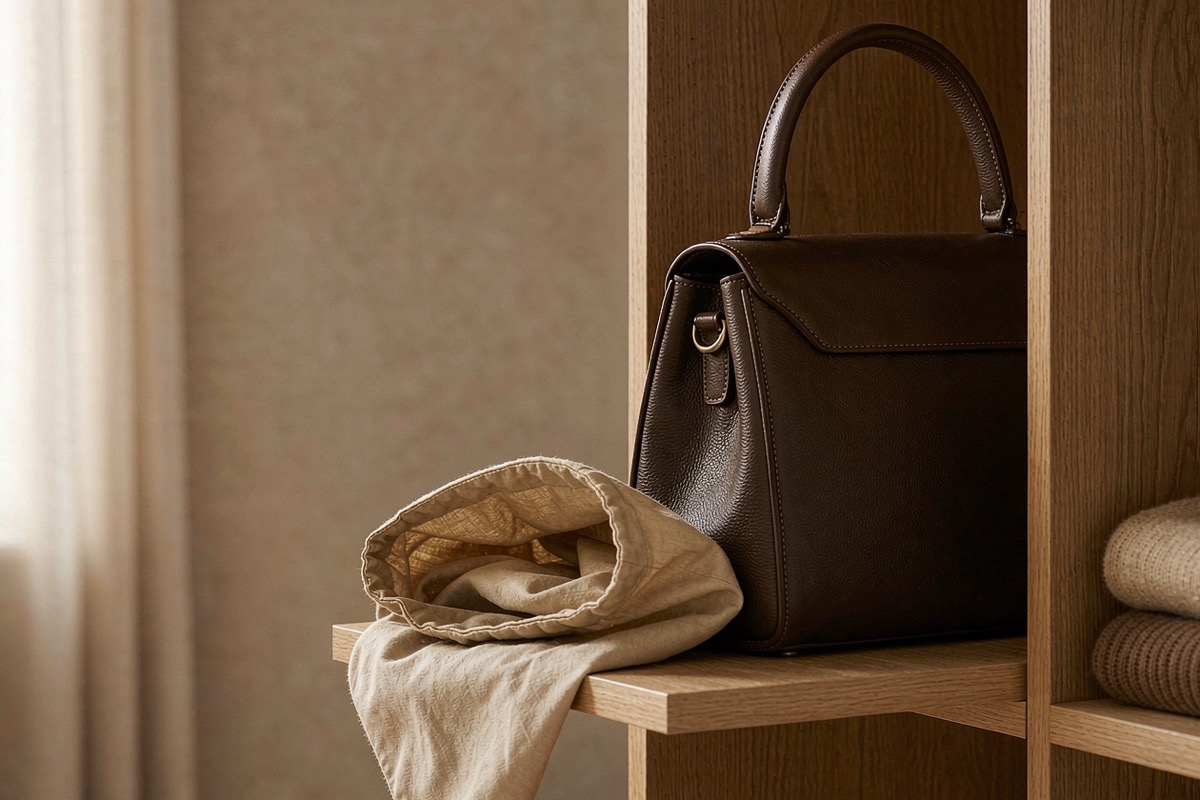A leather bag resting in a cotton dust bag on a closet shelf